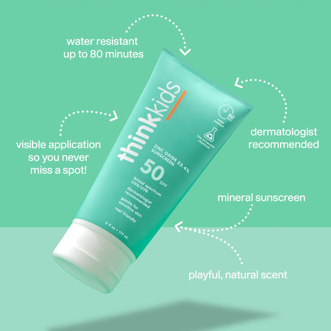 Thinksport Kids SPF 50+ Mineral Sunscreen – Safe, Natural Sunblock for Children - Water Resistant Sun Cream – Broad Spectrum UVA/UVB Sun Protection – Reef Friendly Lotion, 6oz