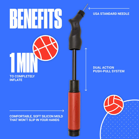 SPORTBIT Ball Pump for Sports Balls - Push & Pull Inflating System - Hand Pump for All Exercise Balls - Volleyball Pump, Basketball Inflator, Football & Soccer Ball Air Pump - Goes with 5 Needles Set