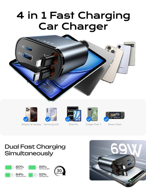 LISEN Retractable Car Charger, 69W USB C Car Accessories Adapter for iPhone 16 USB C Charger Fast Charging, Truck Accessories, Travel Essentials Gifts for Women Men, for iPhone 16 15 14 13 12 Pro Max