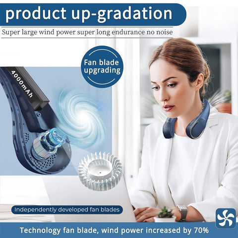 ASNUG Neck Fan, USB Rechargeable Personal Fan, 4000 mAh Battery Operated, 3 Speeds Adjustable, Faster Cooling, Ultra Quiet, Suitable for Home, Office, Travel, Sports