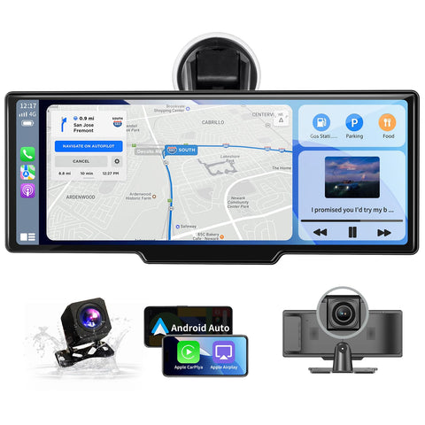 Kuayvan Portable Carplay Screen for Car - 10.26" Wireless Carplay & Android Auto Car Stereo, with 4K Dash Cam, Backup Camera, Bluetooth, GPS Navigation/Mirror Link/Voice Control/Bluetooth