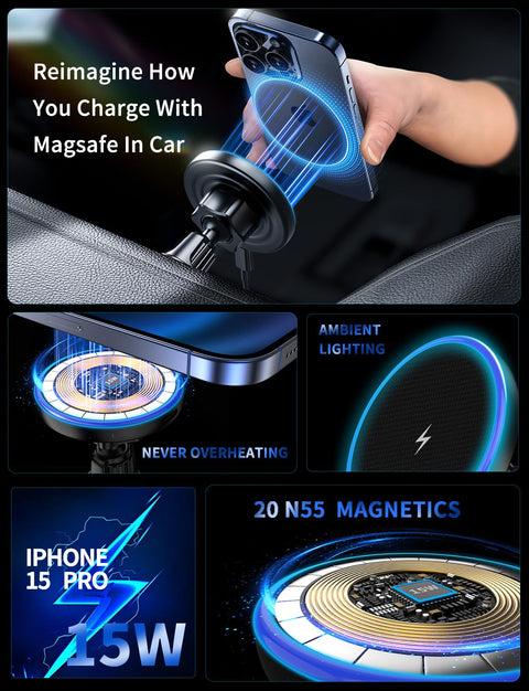 MagSafe Car Mount Charger, 3 in 1 [LED RGB HandsFree] Wireless Car Charger, Magnetic Phone Holders for Your Car- Fast Charging Car MagSafe Charger for iPhone 16/15/14/13/12 Series, Gift for Men Women