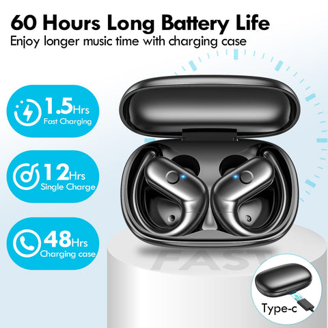 kurdene Wireless Earbuds Bluetooth Headphones Sport,Over Ear Buds with Deep Bass Sound,60Hrs Playtime Earphones Redesigned Comfort Fit with Earhooks for Running,Meeting,Workout-Black