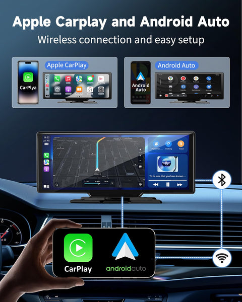 Kuayvan Portable Carplay Screen for Car - 10.26" Wireless Carplay & Android Auto Car Stereo, with 4K Dash Cam, Backup Camera, Bluetooth, GPS Navigation/Mirror Link/Voice Control/Bluetooth