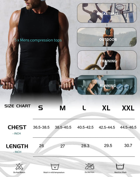 TELALEO 5 Pack Men's Athletic Compression Shirts Sleeveless Workout Tank Top Sports Base Layer Running Basketball M/02