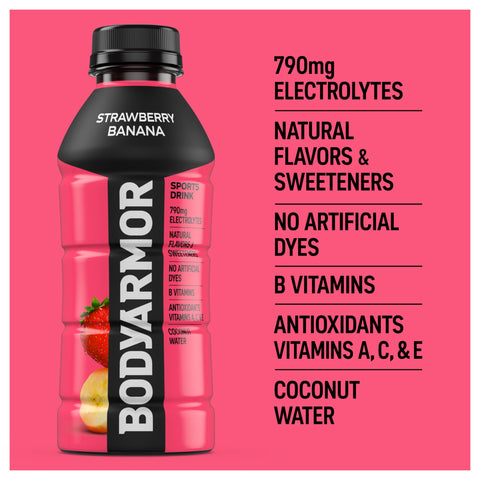BODYARMOR Sports Drink Sports Beverage, Strawberry Banana, Coconut Water Hydration, Natural Flavors With Vitamins, Potassium-Packed Electrolytes, Perfect For Athletes, 16 Fl Oz (Pack of 12)