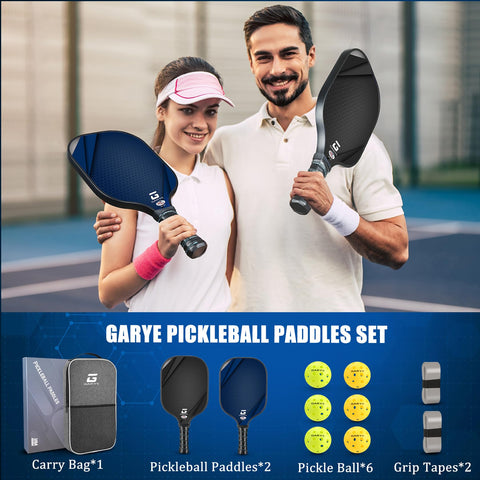 GARYE Pickleball Paddles Set of 2, USAPA Approved Carbon Fiber Pickleball Set, Lightweight Pickle Ball Rackets 2 Pack with 6 Balls, 1 Bag, Pair of Grip Tapes, Pickle Ball Paddle for Men and Women