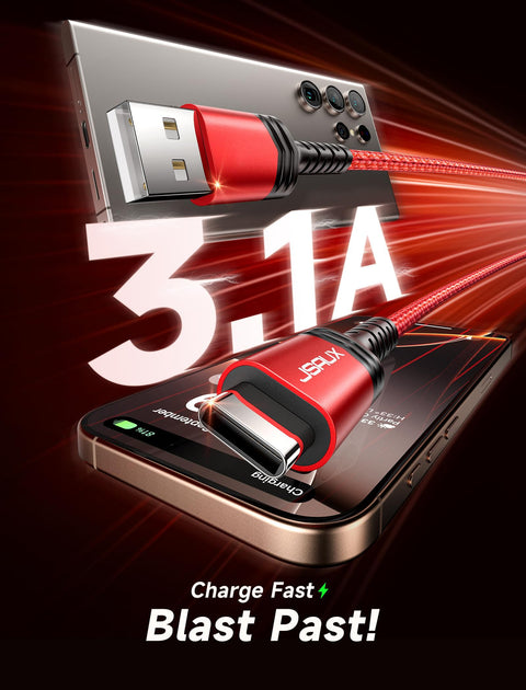 JSAUX USB C Cable [2-Pack 6.6ft], USB A to USB Cord 3.1A Fast Charging Compatible with iPhone 16/16 Plus/16 Pro/16 Pro Max/iPhone 16e/iPhone 15 Series, Samsung S20 S10 S9, Note 20 10, Car Play - Red