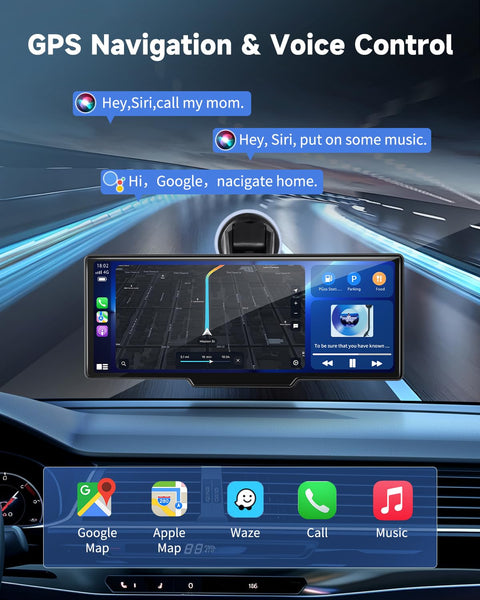 Kuayvan Portable Carplay Screen for Car - 10.26" Wireless Carplay & Android Auto Car Stereo, with 4K Dash Cam, Backup Camera, Bluetooth, GPS Navigation/Mirror Link/Voice Control/Bluetooth