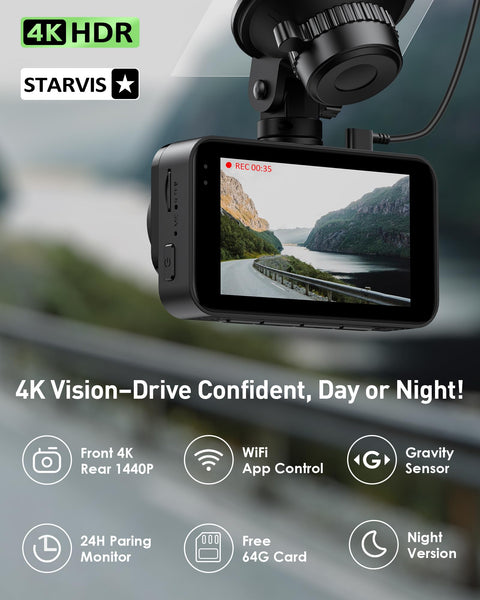 GMAIPOP Dash Cam Front and Rear,4K+2K Dash Camera for Cars with STARVIS Sensor,Built in 5GHz Wi-Fi, Free 64GB Card Included, Dual Dashbord Dashcam,Night Vision,Emergency Lock, Parking Mode
