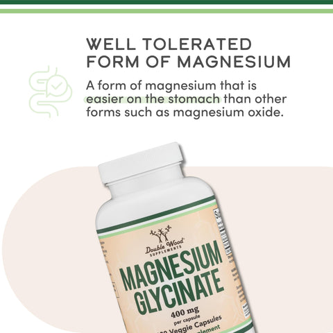 Magnesium Glycinate 400mg, 180 Capsules (Vegan Safe, Third Party Tested, Gluten Free, Non-GMO) High Absorption Magnesium by Double Wood Supplements