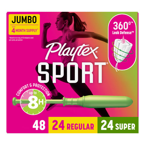 Playtex Sport Tampons Multipack (24ct Regular/24ct Super), Fragrance-Free - 48ct | Tampons Regular and Super, Playtex Tampon Multipack, Feminine Care with 360 Leak Defense