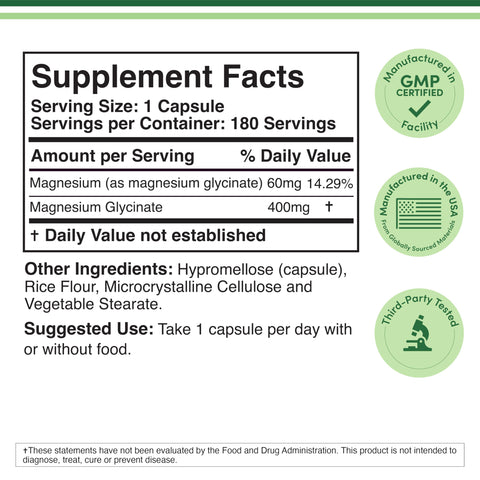 Magnesium Glycinate 400mg, 180 Capsules (Vegan Safe, Third Party Tested, Gluten Free, Non-GMO) High Absorption Magnesium by Double Wood Supplements