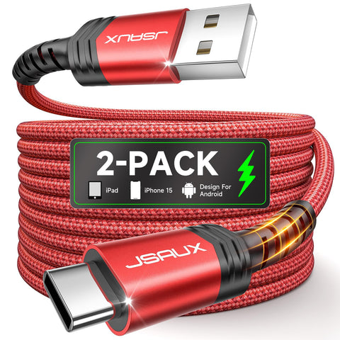 JSAUX USB C Cable [2-Pack 6.6ft], USB A to USB Cord 3.1A Fast Charging Compatible with iPhone 16/16 Plus/16 Pro/16 Pro Max/iPhone 16e/iPhone 15 Series, Samsung S20 S10 S9, Note 20 10, Car Play - Red