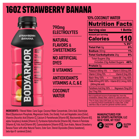 BODYARMOR Sports Drink Sports Beverage, Strawberry Banana, Coconut Water Hydration, Natural Flavors With Vitamins, Potassium-Packed Electrolytes, Perfect For Athletes, 16 Fl Oz (Pack of 12)