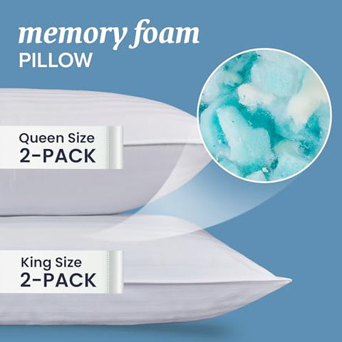 Beckham Hotel Collection King Size Memory Foam Bed Pillows Set of 2 - Cooling Shredded Foam Pillow for Back, Stomach or Side Sleepers
