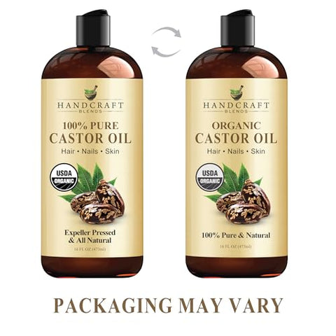 Handcraft Blends Organic Castor Oil for Hair Growth, Eyelashes and Eyebrows - 100% Pure and Natural Carrier Oil, Hair Oil and Body Oil - Moisturizing Massage Oil for Aromatherapy - 16 fl. Oz