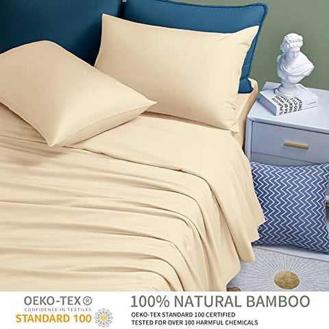Shilucheng 100% Cooling Bamboo_ Sheets Set- King Size 1800 Thread Count Soft Bed Sheets,16 Inch Deep Pocket,Breathable,Comfortable and Pilling Resistant -4PC(King,Beige)