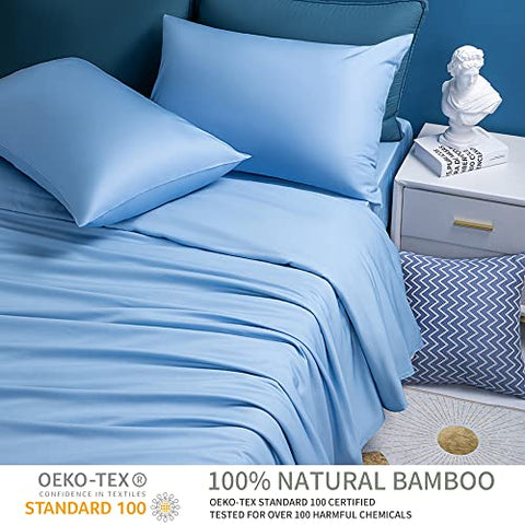 Shilucheng 100% Cooling Bamboo_ Sheets Set- Queen Size 1800 Thread Count Soft Bed Sheets,16 Inch Deep Pocket,Breathable,Comfortable and Pilling Resistant -4PC(Queen,Lake Blue)