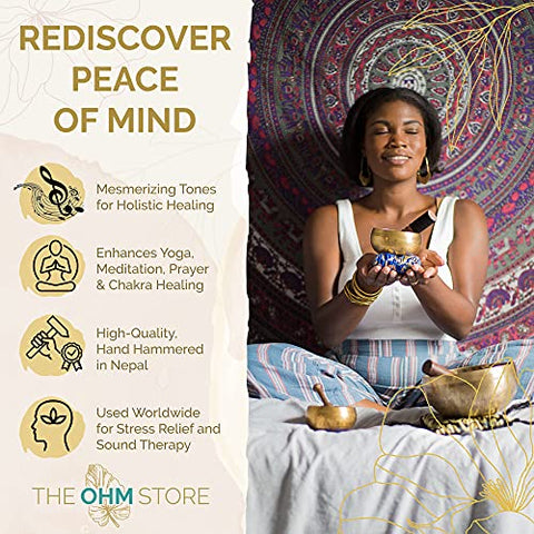 Ohm Store Tibetan Singing Bowl Set — Meditation Sound Bowl Handcrafted in Nepal for Yoga, Chakra Healing, Mindfulness, and Stress Relief — Unique Spiritual Gifts for Women and Men