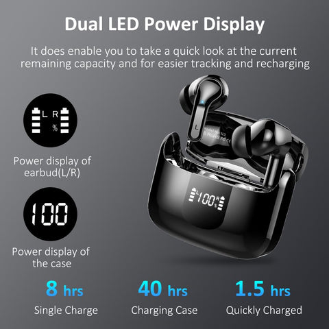 Wireless Earbud, Bluetooth Headphones 5.3 NEW 40H Ear Buds Bass Stereo Earphones Noise Cancelling Earbud with 4 ENC Mic, in-Ear Bluetooth Earbud USB-C LED Display IP7 Waterproof Sport for Android iOS